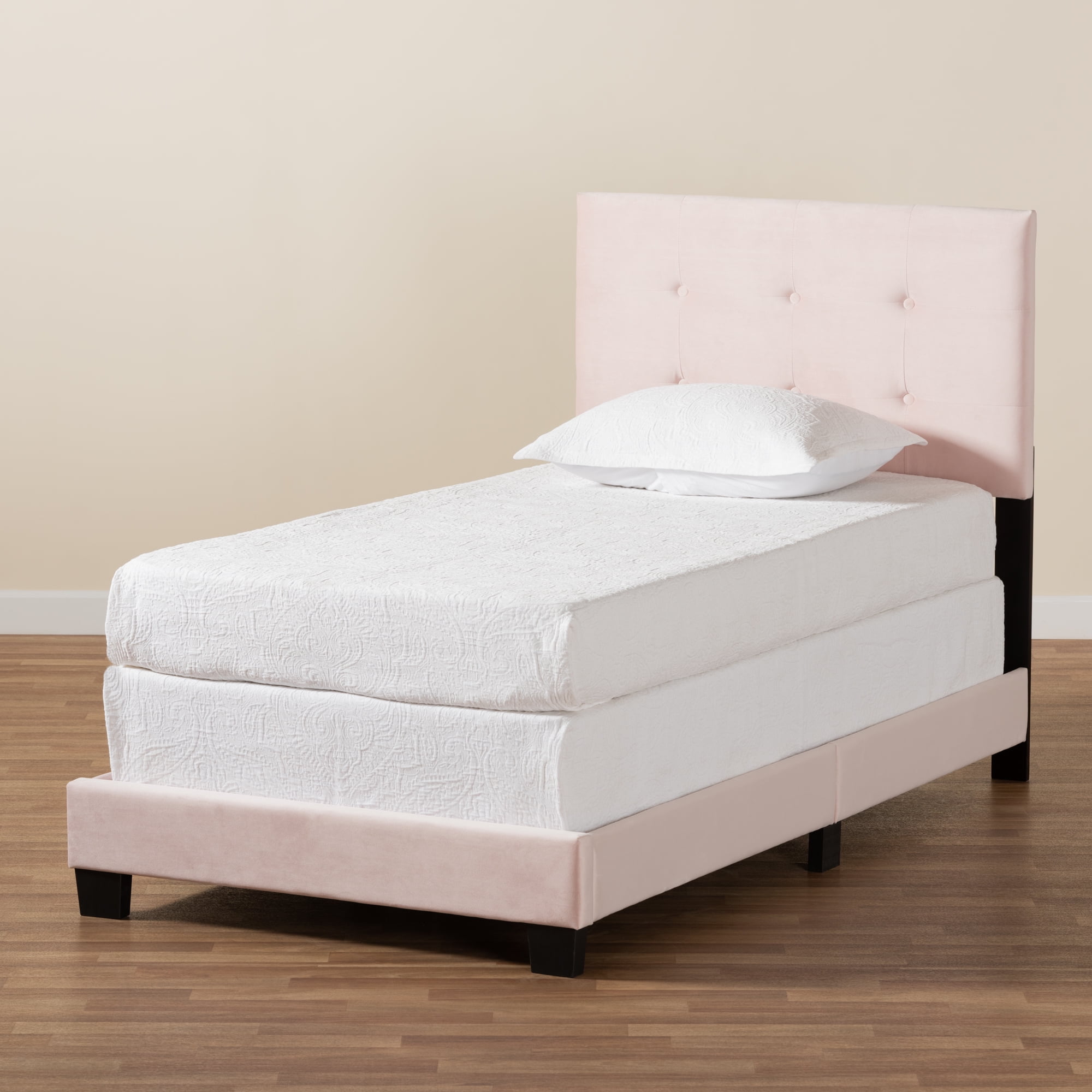 Baxton Studio Caprice Contemporary/Modern Velvet Tufted Panel Bed, Twin, Light Pink/Black