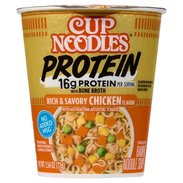 Nissin Cup Noodles Protein Chicken Flavor 2.54 oz Cups, 6 Pack 16g Protein Instant Ramen with Bone Broth