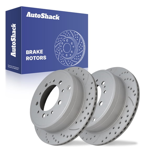 AutoShack Rear Brake Rotors for Toyota, Tundra 2007-2021 Sequoia 2008-2022, 4WD RWD V6 4.0L V8 4.6L 4.7L 5.7L - Coated Drilled & Slotted - Silver Matte Finish - TurboGuard - 13.58" (345 mm), 5 5-Lug