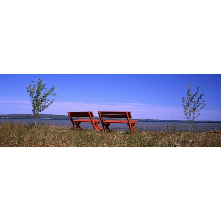 Two Benches on Grassy Beach, Lake Michigan, Grand Traverse Bay, Traverse City, Grand Traverse Co... Print Wall Art By Panoramic