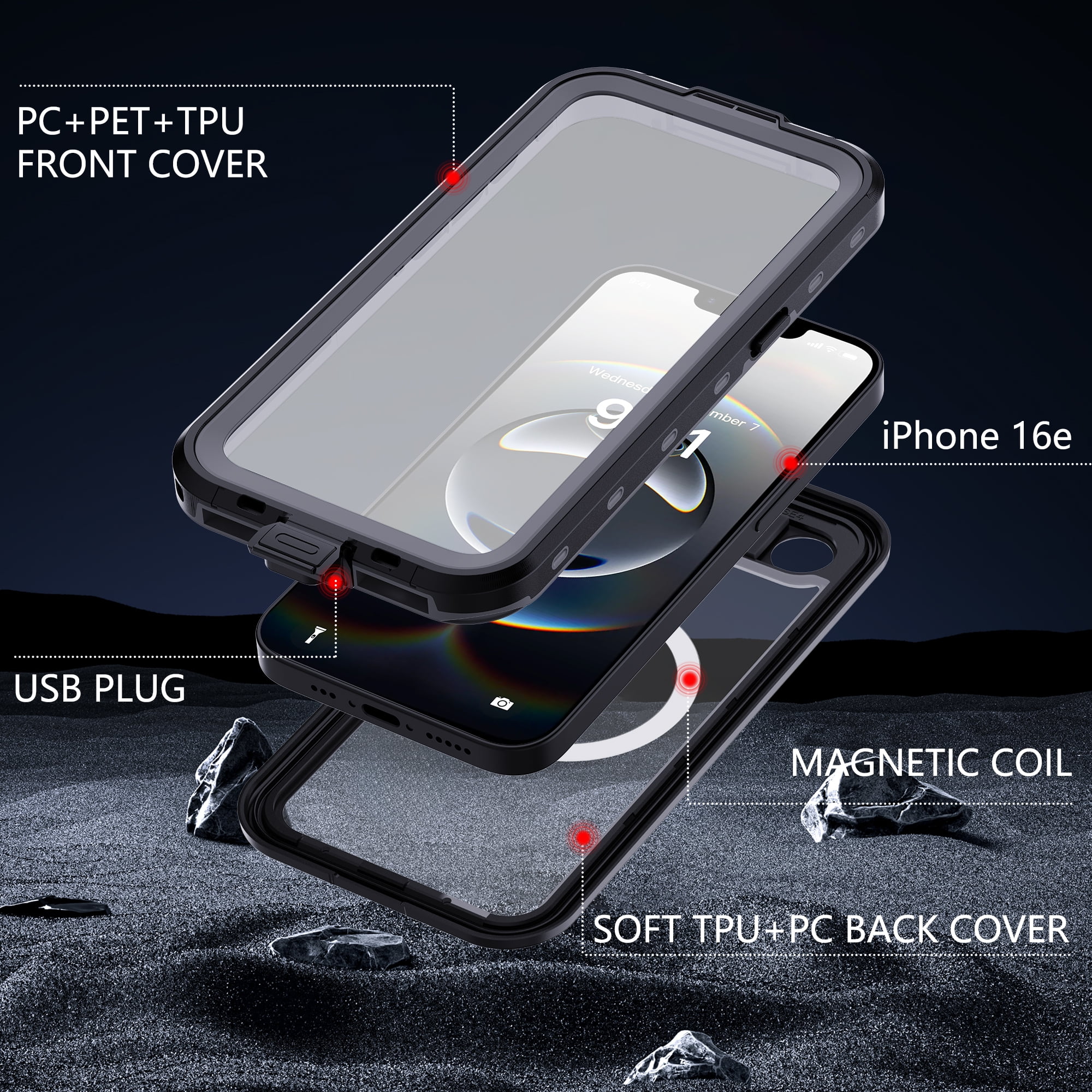 Dteck for iPhone 16e Waterproof Case, Shockproof Dustproof Case with Built-in Clear Screen Protector, Full Body Heavy Duty Sealed Protective Cover for iPhone 16e 6.1" 2025,Black