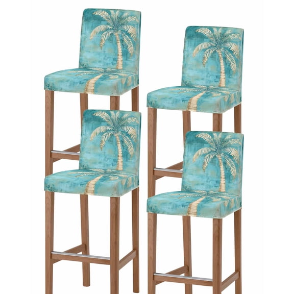 Green Tree Coastal Beach Bar Stool Covers Set of 4, Vintage Tropical Plant Stretch Washable Bar Chair Covers with Backs, Removable Pub Counter Height Chair Cover for Kitchen Dining Room Cafe