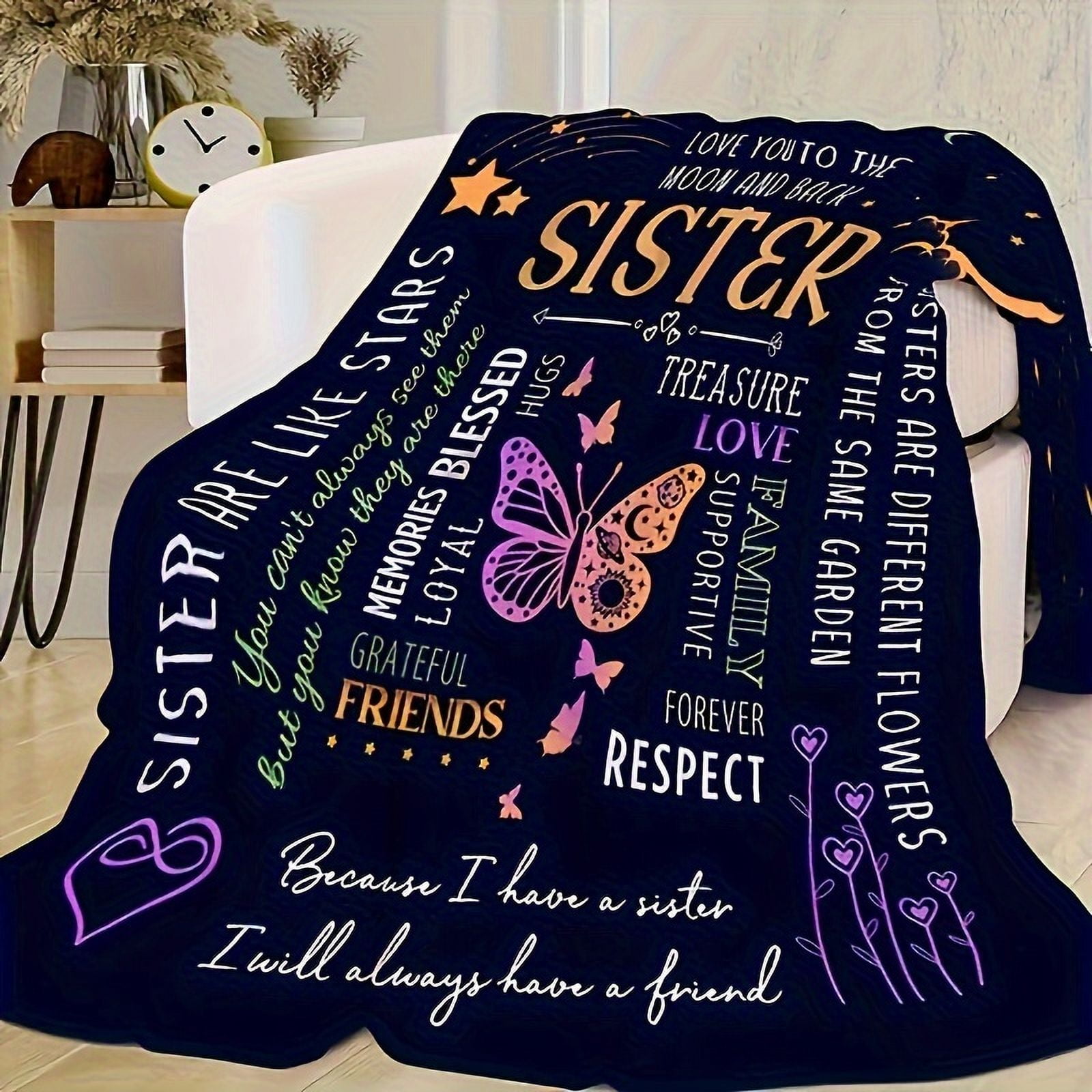 To My Sister" Flannel Blankets Soft Warm Throw Blanket For Office Camping Travel Versatile All-Season Gifts With Inspirational Messages And Butterfly Design Christmas Presents New Year's