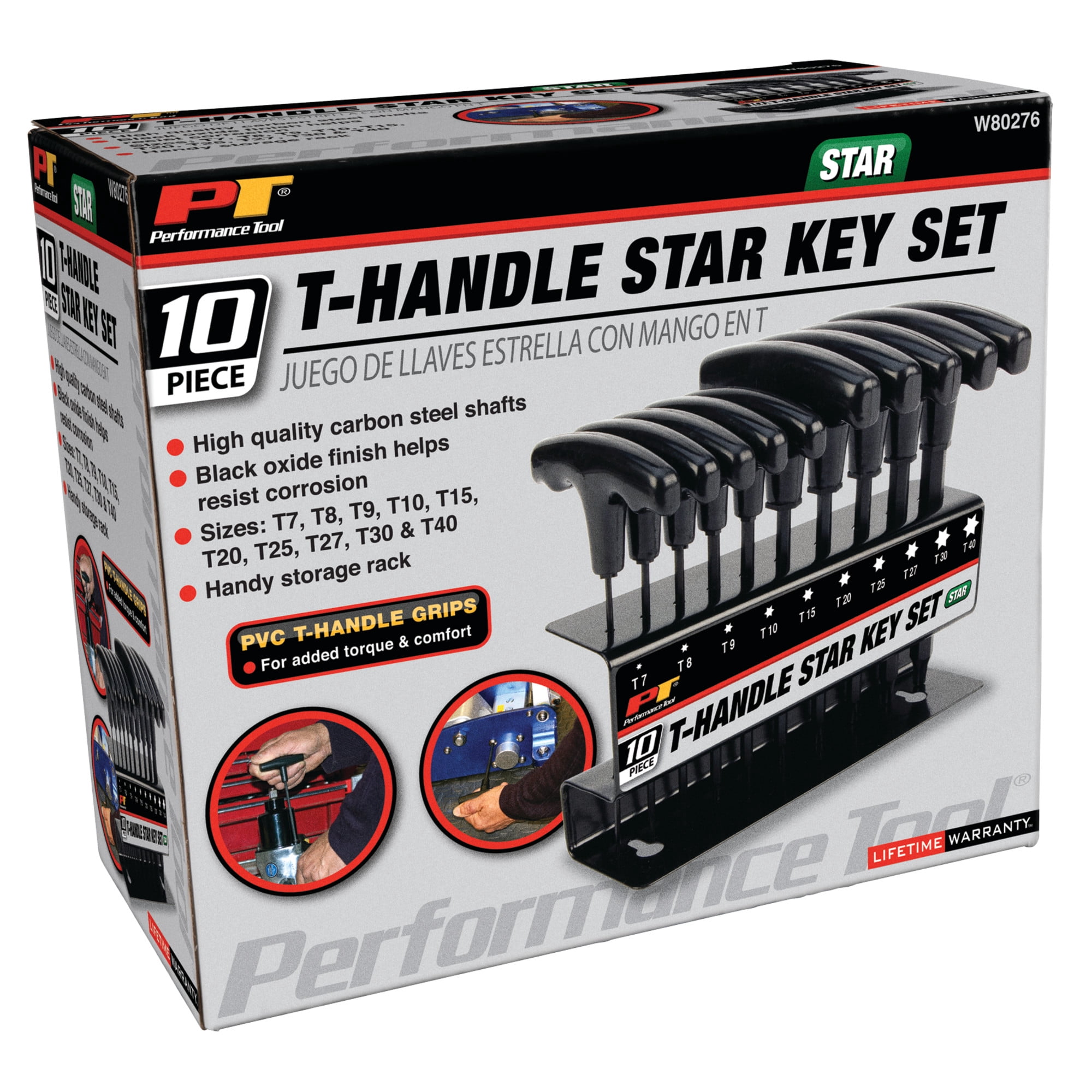 Performance Tool W80276 10-Piece Star T-Handle Allen Wrench Set, Long Arm Hex Key Wrench Set