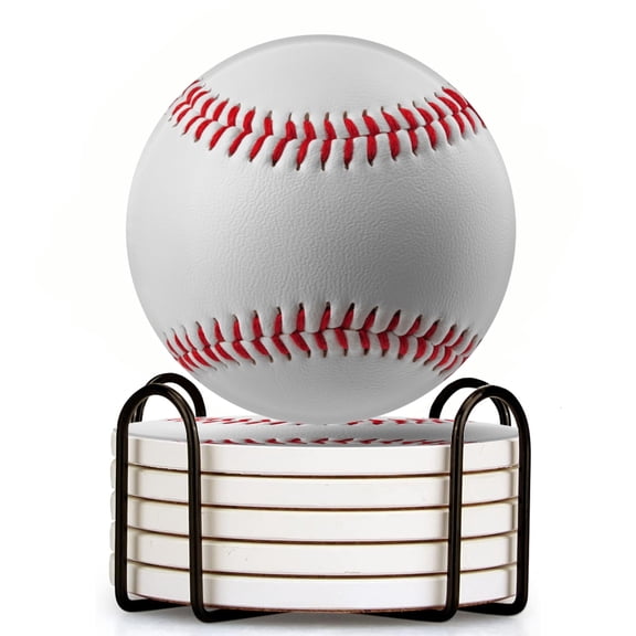 Baseball With Red Stitchs Set of 6 Ceramic Coasters with Holder, Absorbent Drink Bar Coasters, Table Coasters for Living Room Decor Tabletop Protection