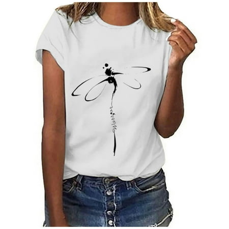 

Women s Animal Print T-Shirts Summer Dragonfly Graphic Print Basic Tee Shirts Casual Short Sleeve O Neck Patterned Tops