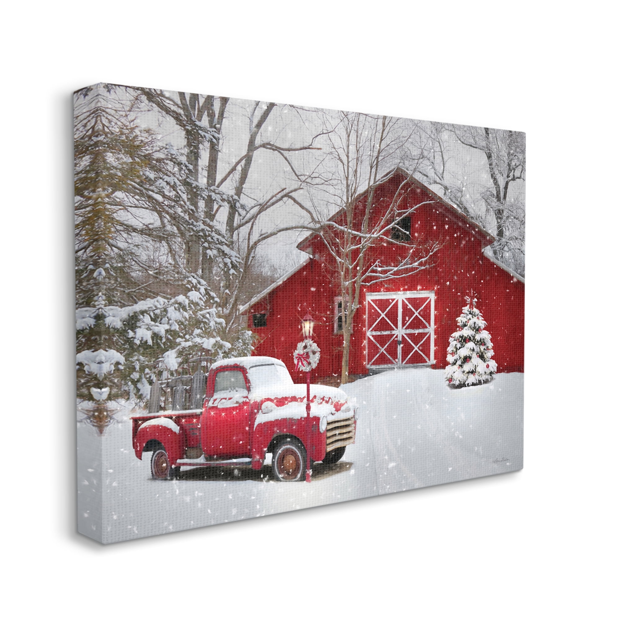 Red Barn & Truck Powdery Snow Rural Scenery Transportation Painting Gallery-Wrapped Canvas Print Wall Art
