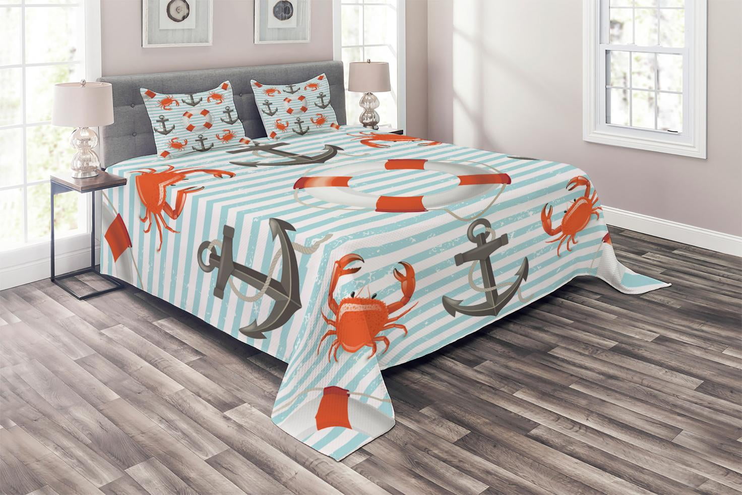 Nautical Coverlet Set, Life Rings Anchor And Ropes Ocean Crabs Coastal