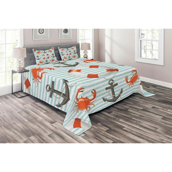 Ambesonne Coastal Quilted Coverlet 3 Pcs, Life Rings Anchor Theme, King Size, Scarlet Black and Teal