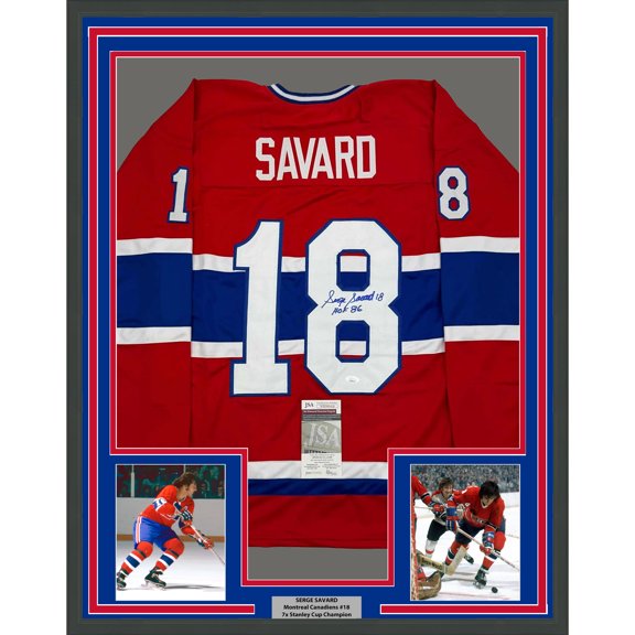 Framed Autographed/Signed Serge Savard 35x39 HOF 86 Montreal Red Hockey Jersey JSA COA
