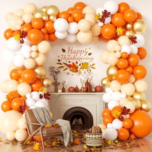 166Pcs Fall Balloon Arch Kit Thanksgiving Balloon Garland with Orange White Macaron Orange Metallic Gold Balloons for Thanksgiving Autumn Harvest Decorations Baby Shower Decor Party Supplies