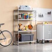 Seville Classics HOME 4-Tier Steel Wire Shelving with Wheels, 36 W x 14 D x 56.5 H, Platinum