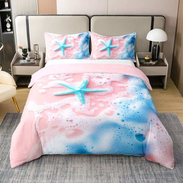 Erosebridal Housse de Couette Plage Rêveuse Très Grand pour Filles, Housse de Lit Vague de Mer Étoile de Mer, Décor à Thème Plage Hawaii, Réversible 3 Pcs (Sans Couette)
