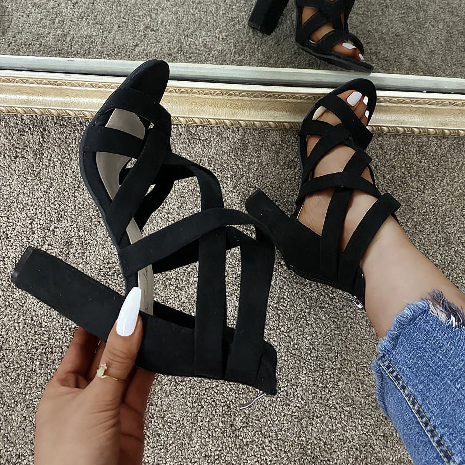 Women's Sexy Black High Heel Sandals With Elegant Square Toe, Ankle Strap  And Chunky Heels | SHEIN USA