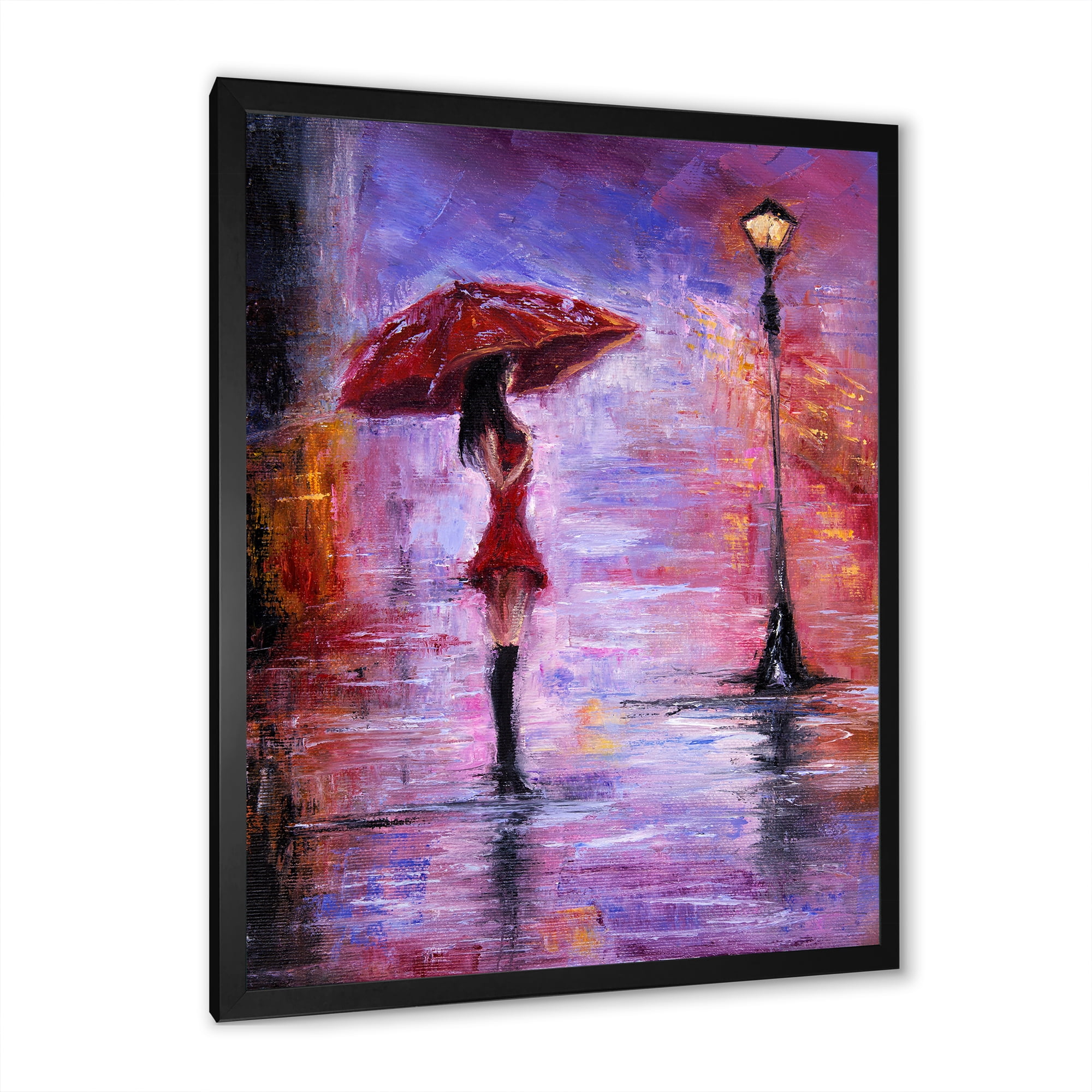 Designart 'The Girl With The Umbrella Walking In The Rain I' French Country Framed Art Print