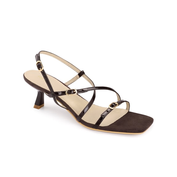 BLISSFUL STEP Women's Back to School Strappy Kitten Heel Sandals Square Toe Buckle Slingback Shoes Chocolate 6