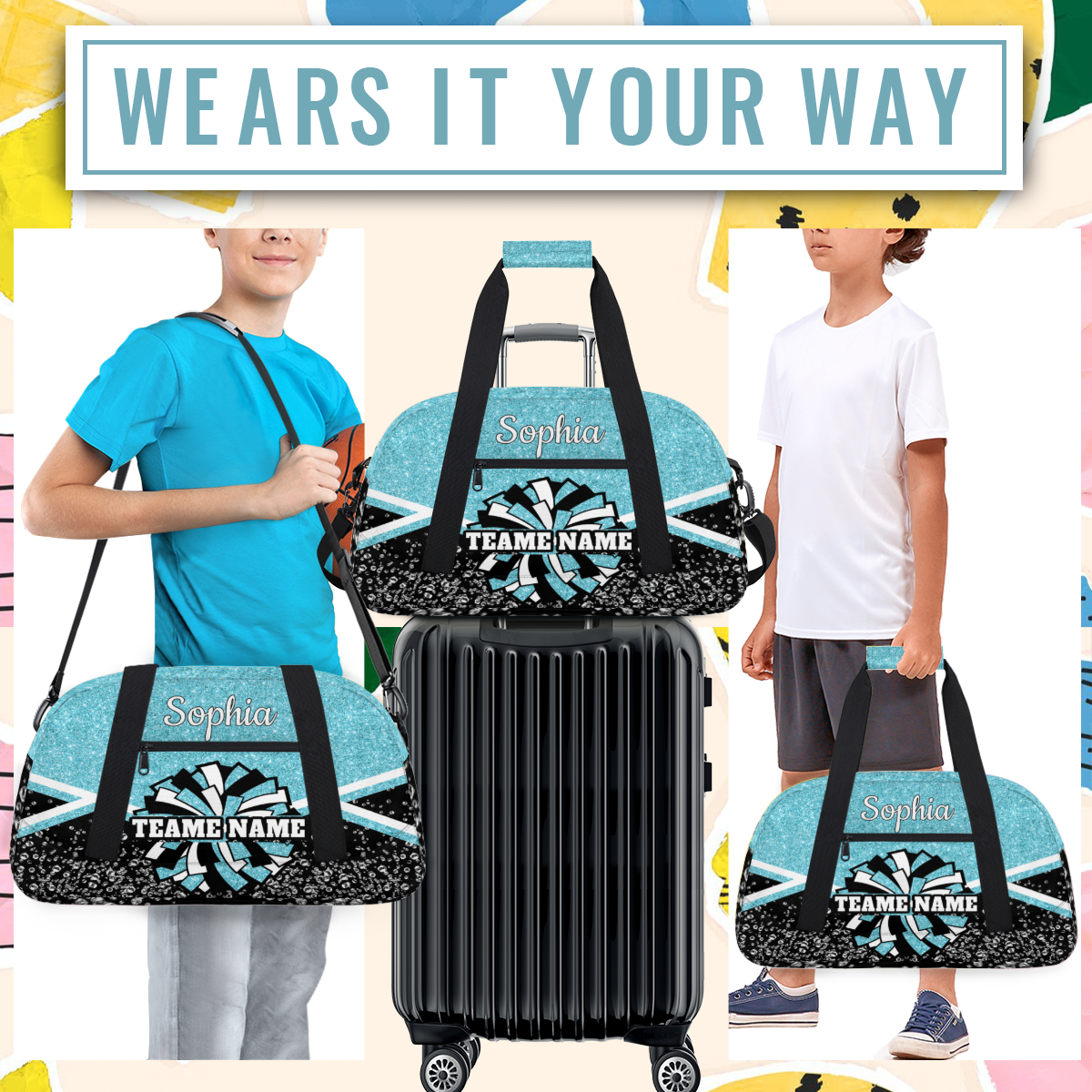 Jiaoprinted Personalized Cheer Bag, Custom Cheerleader Gym Bag Sport Duffel Bag, Customize Travel Overnight Weekender Bags, Cheerleading Gifts, Azure Glitter