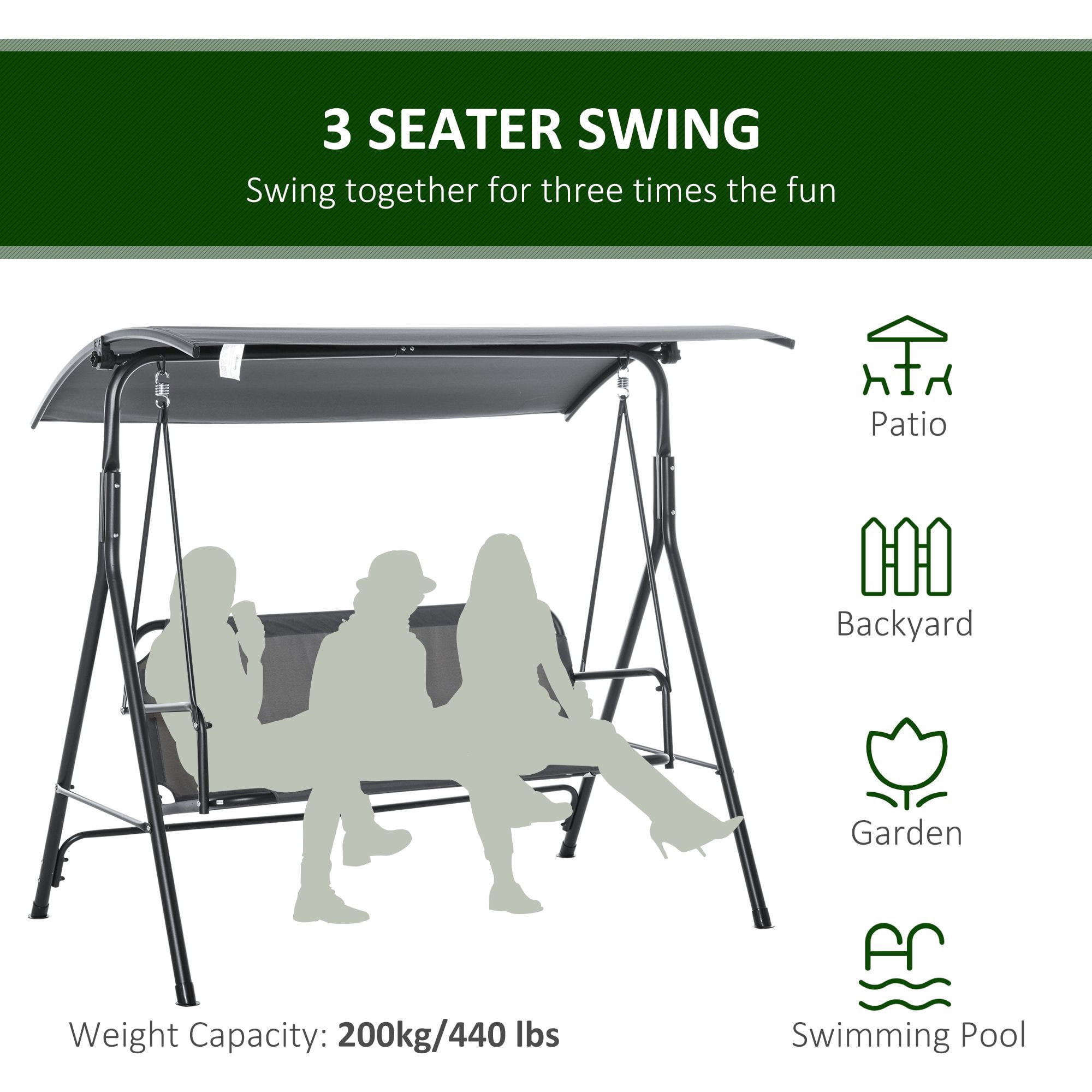 3-Person Porch Swing with Stand, Outdoor Swing for Patio Porch with Adjustable Tilt Canopy and Comfortable Swing Bench-Style Seat, Steel Frame, Gray