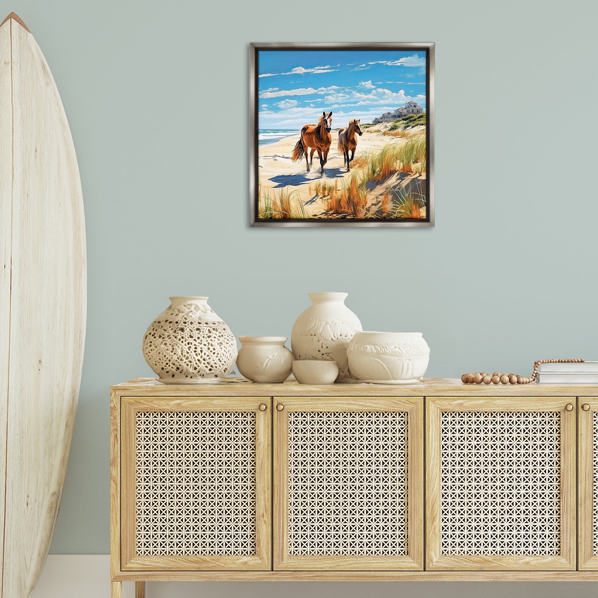 Stupell Industries Galloping Beach Horses Coastal Painting Gray Floater Framed Canvas Art Print Wall Art, 25 x 25