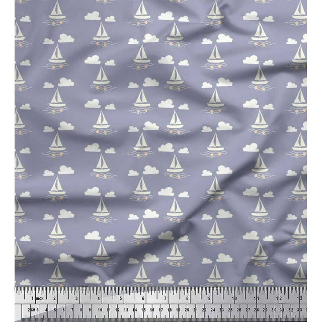 Soimoi Polyester Crepe Fabric Cloud,Fish & Yacht Nautical Decor Fabric Printed Yard 42 Inch Wide