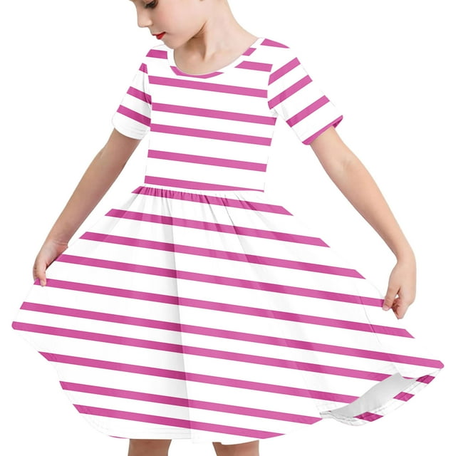 Odeerbi Niñas de Verano Vestido de Línea A Rayas Vestido de Columpio Vestido Elástico de Manga Corta Para Niños