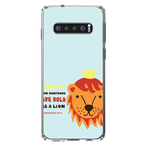 DistinctInk Clear Shockproof Hybrid Case for Samsung Galaxy S10  PLUS(6.4" Screen) - TPU Bumper, Acrylic Back, Tempered Glass Screen Protector - Proverbs 28:1 - The Righteous Are Bold As a Lion