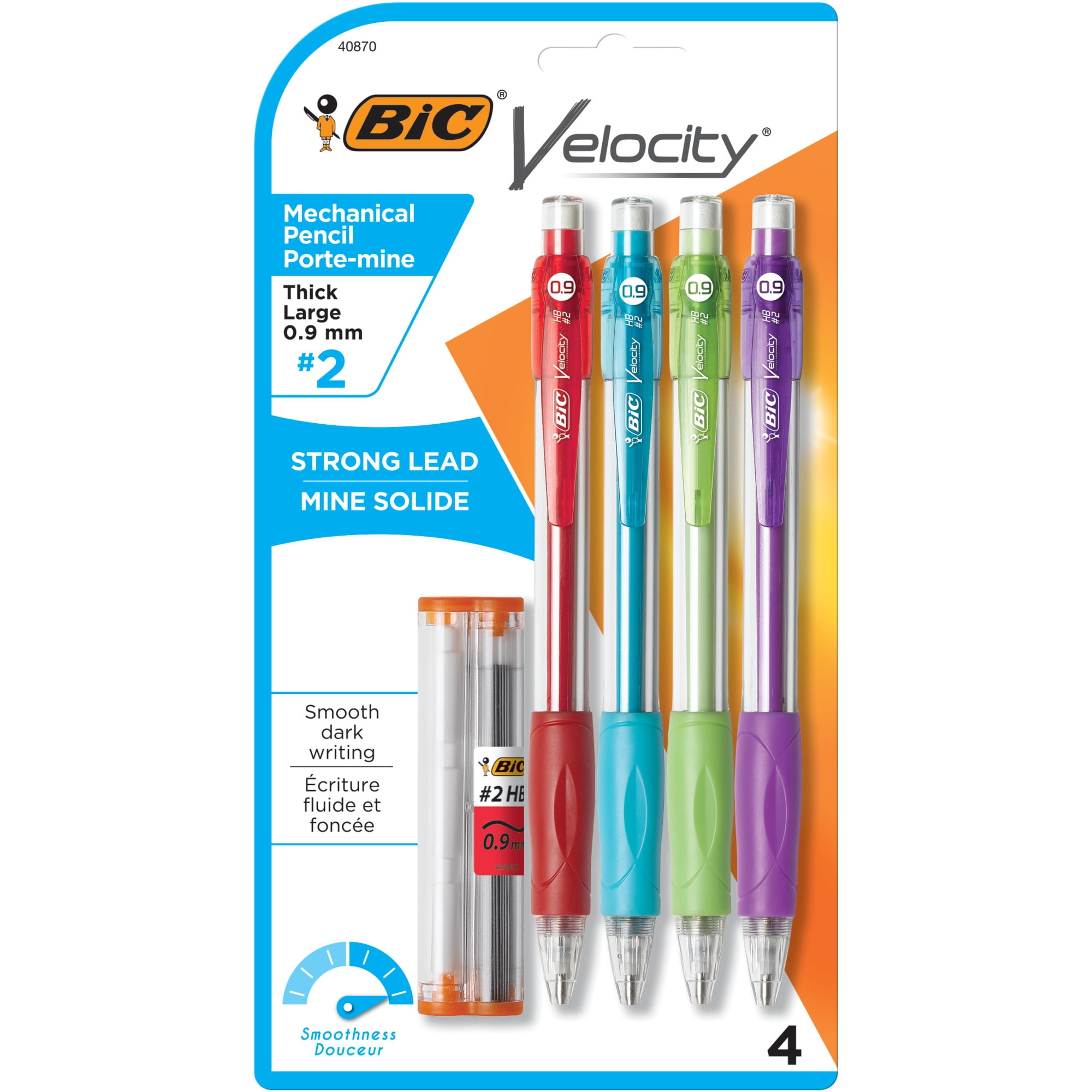 - BIC Velocity Strong Lead Mechanical Pencils, With Colourful Barrel, Thick Point (0.9 mm), 4-Count Pack Mechanical Pencils With Erasers and Lead Refills