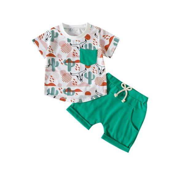 Baby Boys Girls Gifts Toddler Kids Baby Boys Fashion Cute Short Sleeve Cowboy Print Casual Pocket Shorts Suit Going Out Outfits for Girls