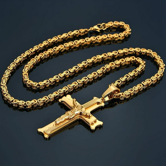 Big Jesus Cross Pendant With Long Chain Men's 14K Yellow Gold Crucifix Necklaces Male Religious Jewelry