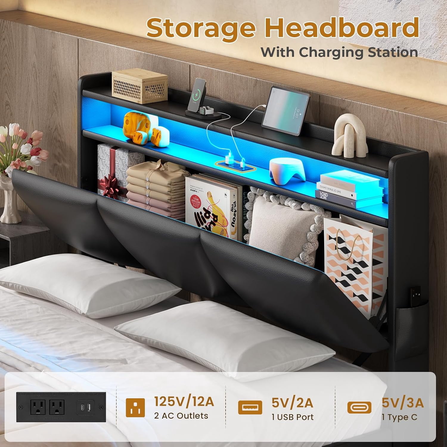 AOGLLATI Full Size Platform Bed Frame with 4 Storage Drawers, Upholstered PU Leather Headboard with Hidden Compartment, Integrated Led Lights & Charging Station, Black