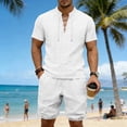 thumbnail image 2 of Men's 2 Pieces Linen Set Lace up Henley Shirt Short Sleeve and Medieval Viking Pirate Shorts Summer Beach Yoga Matching Outfits Big and Tall Size S-3XL White, 2 of 9
