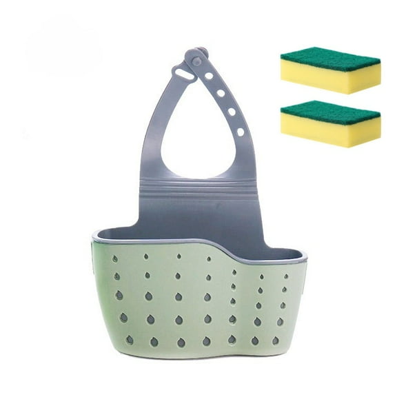 Kitchen Sink Sponge Holder Silicone Plastic Soap Holder Hanging Ajustable Strap Faucet Caddy with Drain Holes for Drying -green 1 pack,with 2pcs Sponges kitchen
