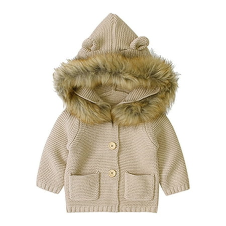 

EHTMSAK Toddler Child Boy Girl Hooded Jackets Infant Baby Button Up Thicken Fall Winter Outerwear Faux Fur Long Sleeve Coat Khaki 6M-3Y 80