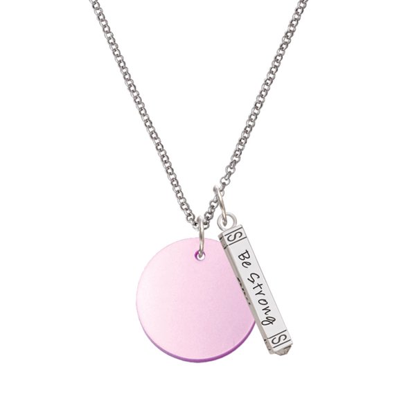 Delight Jewelry Acrylic 1" Disc Light Purple Imitation Pearl Silvertone Be Strong and Courageous Bar Charm Necklace, 23"