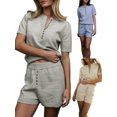 thumbnail image 3 of Rdhnmea Women's 2 Piece Knit Sweater Set Button Down Round Neck Short Sleeve Tops Elastic Waist Shorts Summer Outfits, 3 of 9