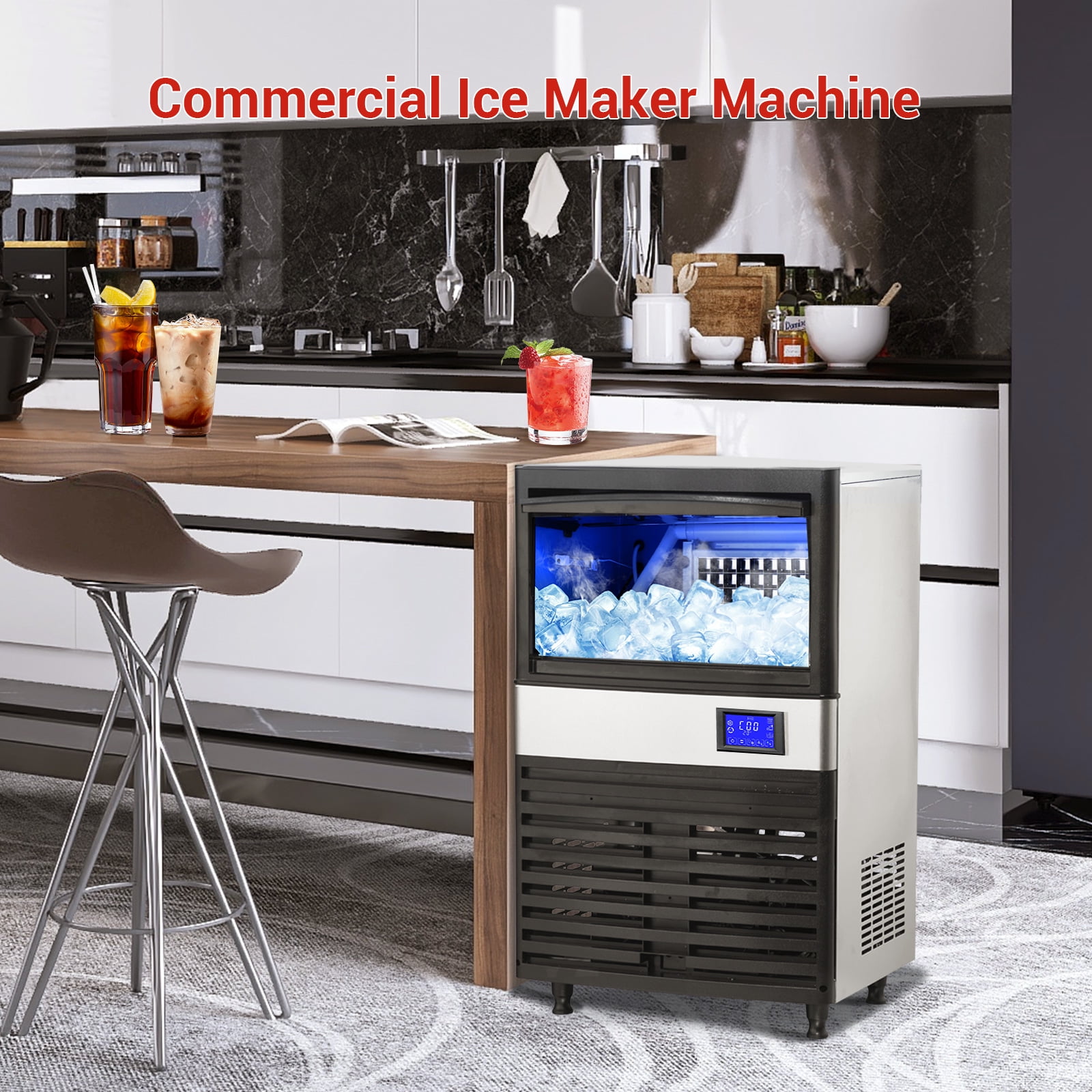 Towallmark Commercial Ice Maker 110Lbs/24H with 27LBS Bin, 55 Ice Cubes in 8-15 Mins w/Filter, Auto-Clean for Home, Kitchen, RV, Bar