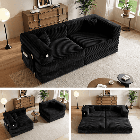 78" Black Corduroy Sectional Sofa Bed – Foldable, Compressed, Convertible Sofa with Pillow Back Support, Armrests, Memory Foam Comfort for Living Room, Office, or Dorm