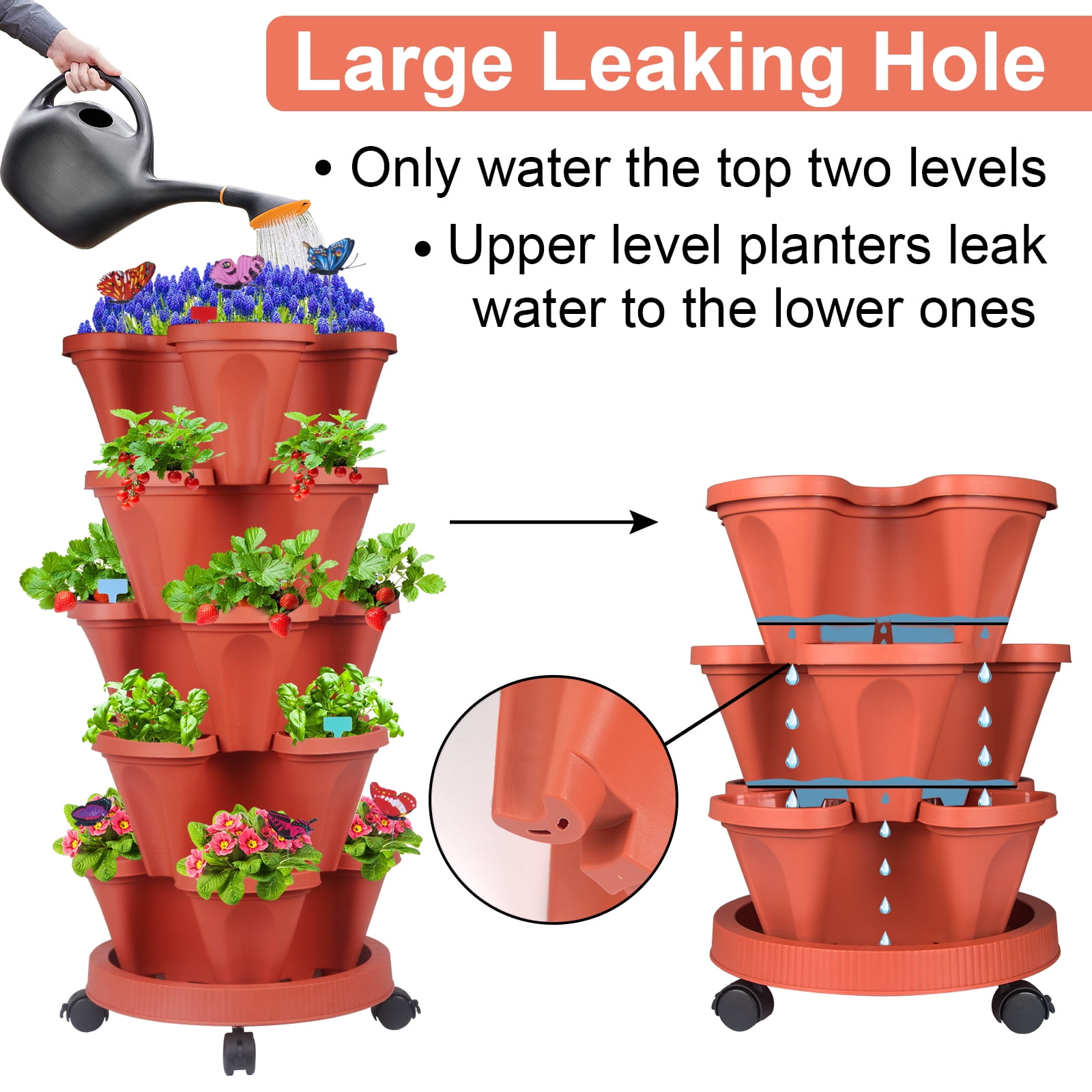 Strawberry Planter, 5 Tier Stackable Gaden Tower for Flowers, Vegetables, Grow Your Own Herb Garden Vertical Oasis of Vegetables and Succulents,Red