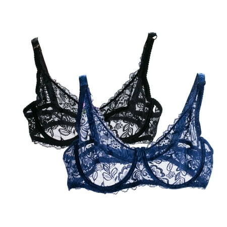 Huvoen No Wire Bras for Women 2PC Sheer Lace Bra Floral Lace Bralettes Plus Size Full Coverages Seeing Through Bralettes Mesh Soft Bras Navy s