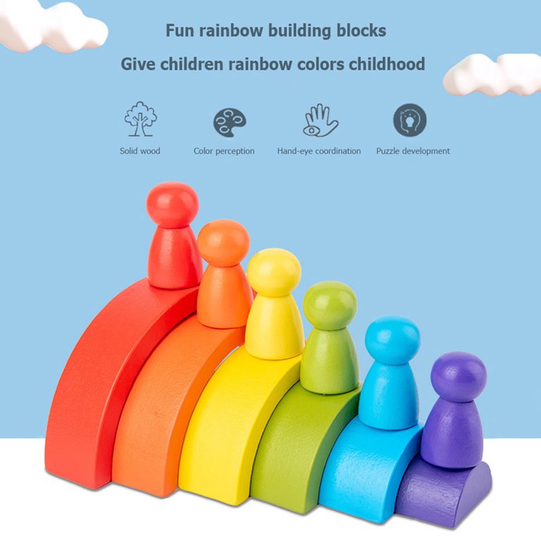 HOTBEST 12pcs Rainbow Wooden Blocks and Peg Dolls Kit Rainbow