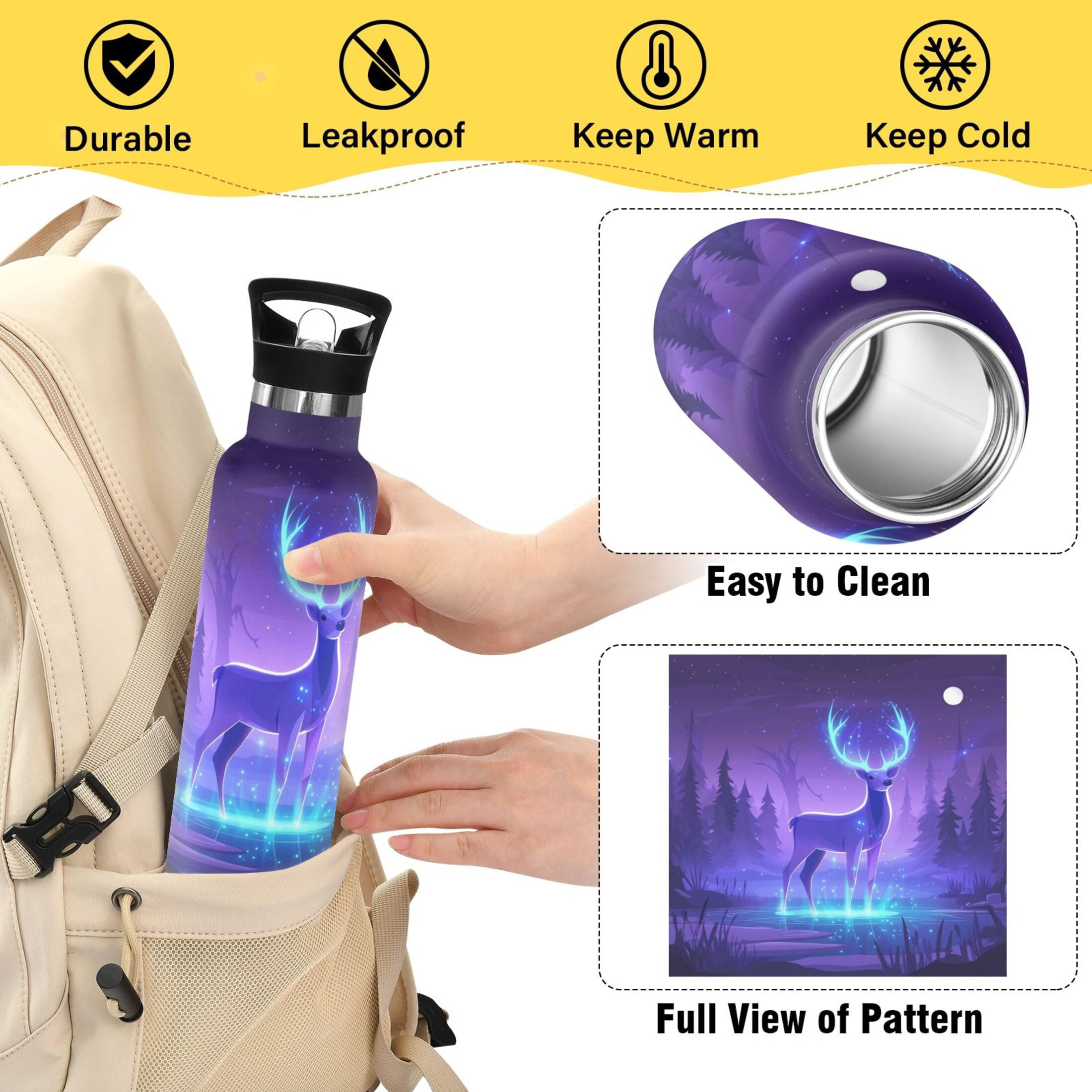 600ML Stainless Steel Insulated Cup Sports Water Bottle Portable Thermos Cup Water Glasses Insulated Tumblers Convenient and Durable Purple Deer
