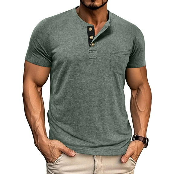 GuangCheng Mens Short Sleeve Henley Shirts,with Chest Pocket,Classic Fit,Button Collar Pullover Tops,Green,Size M