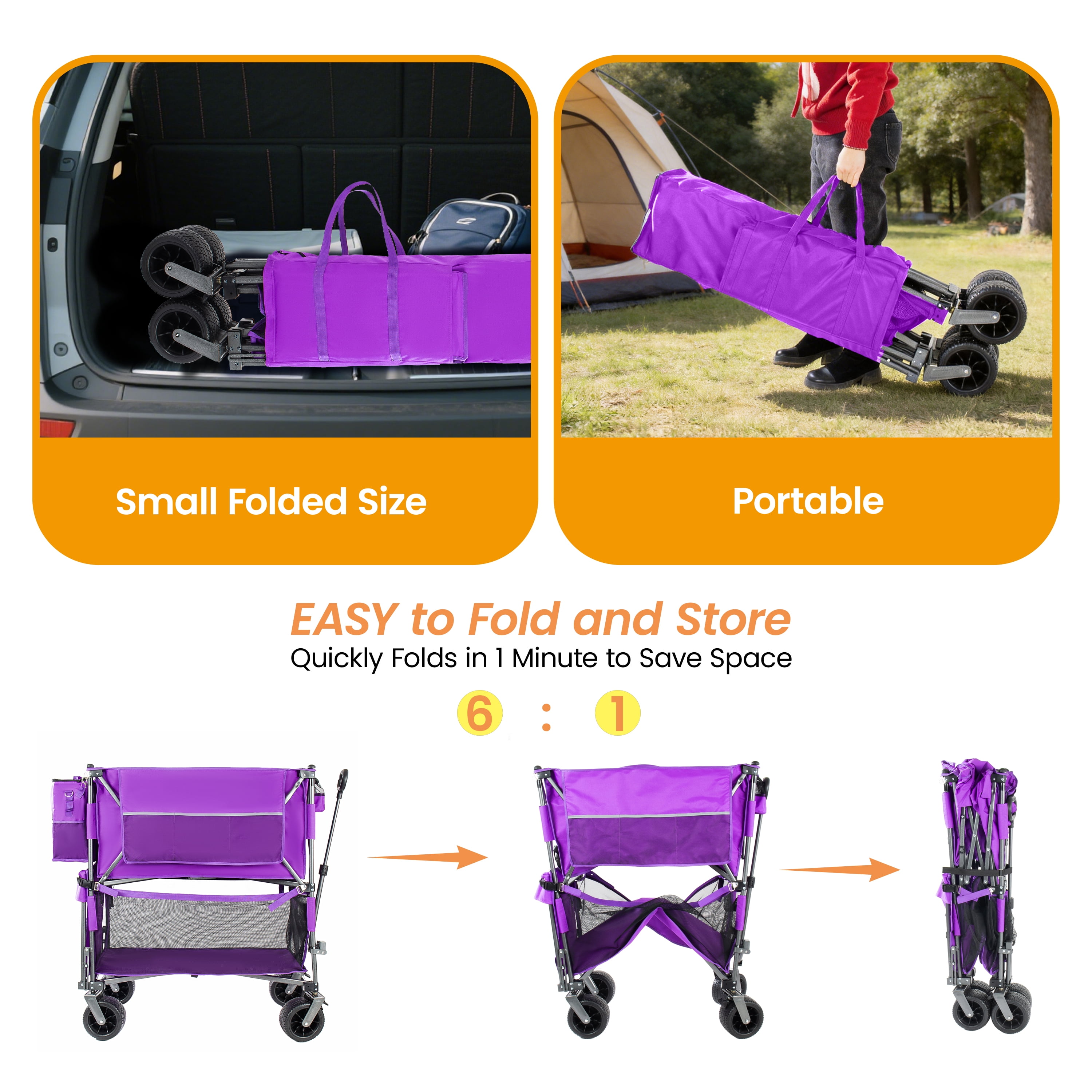 55 Inch Heavy Duty Double-Decker Folding Wagon, Purple 560LBS Capacity Collapsible Cart, 650L Large Storage with 7"×4" All-Terrain Wheels & Dual Brakes for Camping, Fishing, Sports