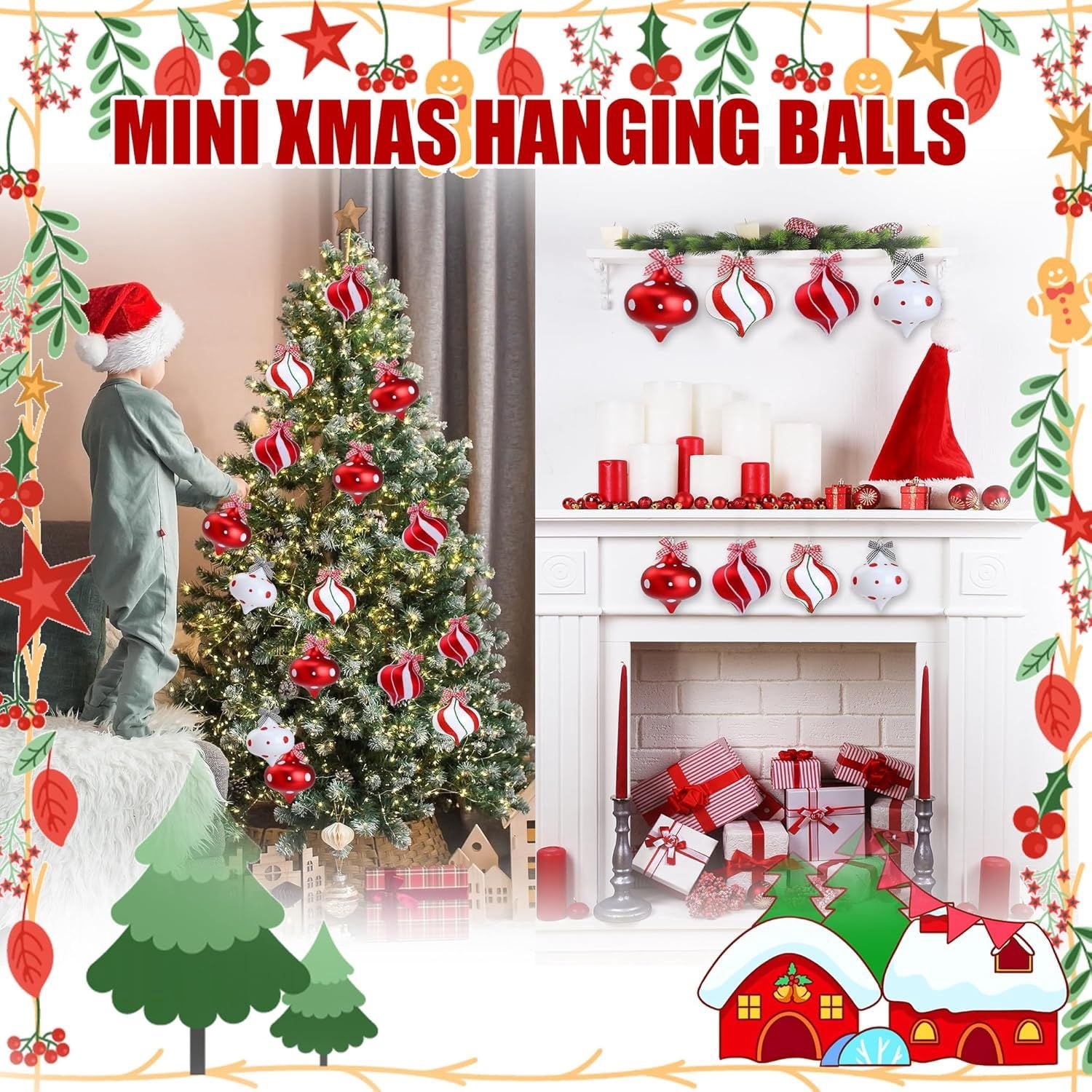 2Pcs Peppermint Candy Ornaments, Candy Cane Balls, Red & White Hanging Stripes - Christmas Tree Ornaments for Xmas Party & Indoor/Outdoor Holiday Home Decorations