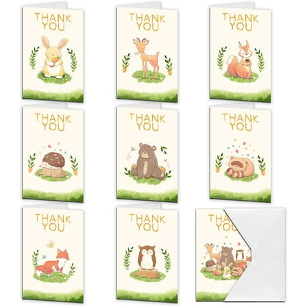1bag 9pcs Thank You Cards Cute Animals Theme Greeting Cards with Envelopes for Wedding Bridal Shower Birthday Christmas Thanksgiving Day Invitation Cards