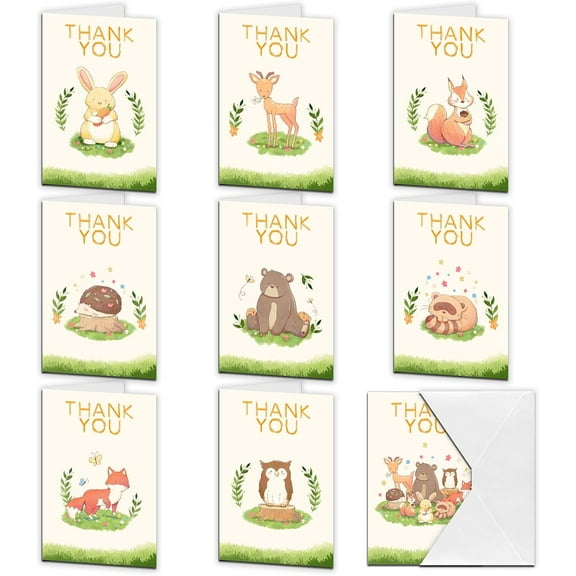 1bag 9pcs Thank You Cards Cute Animals Theme Greeting Cards with Envelopes for Wedding Bridal Shower Birthday Christmas Thanksgiving Day Invitation Cards