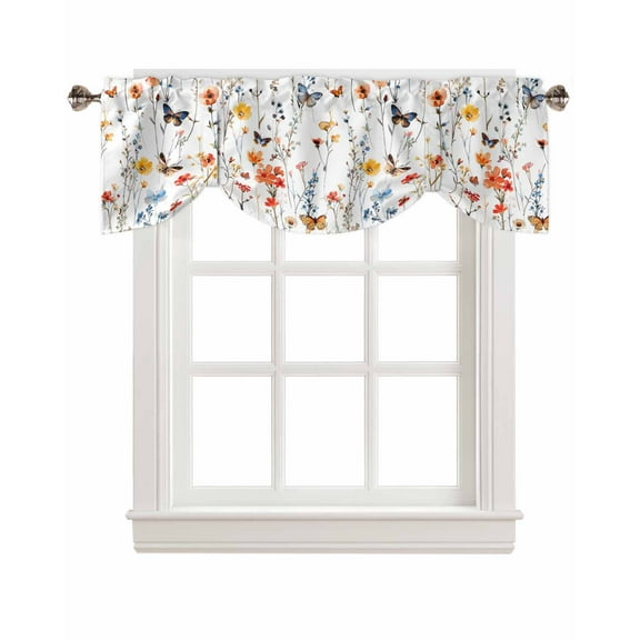 Tie Up Valance Curtain for Kitchen,Countryside Flowers Leaves Butterfly on White Rod Pocket Short Curtains Adjustable Tie-Up Shade Valances,Farm Botanical Window Treatment for Bathroom Bedroom