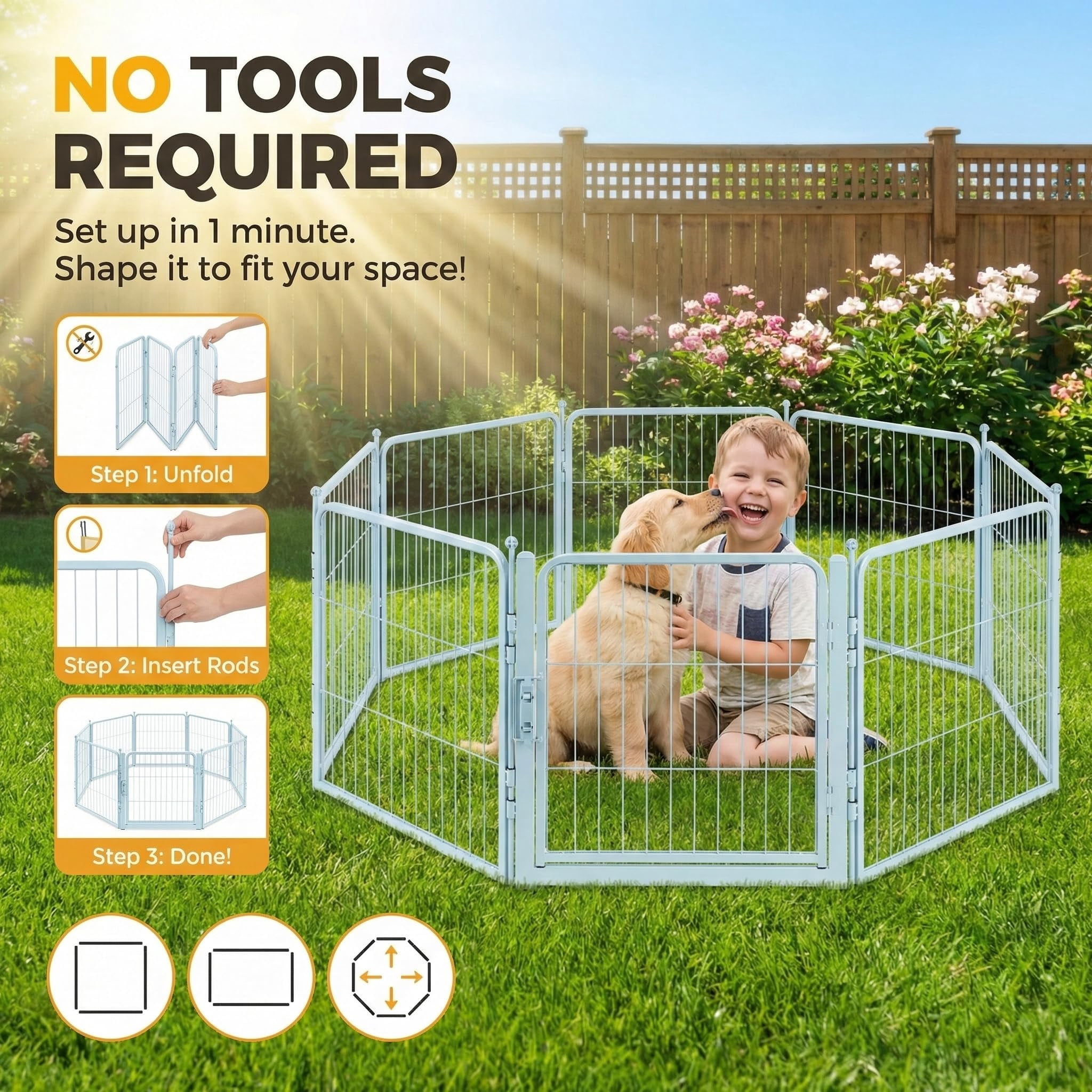 Blue Dog Playpen for Small/Medium Dogs - 32 inch 8 Panels Heavy Duty Metal Puppy Fence Outdoor Indoor with Door, Anti-Rust Foldable Puppy Pen Pet Enclosure, Portable Exercise Kennel for Camping, Yard