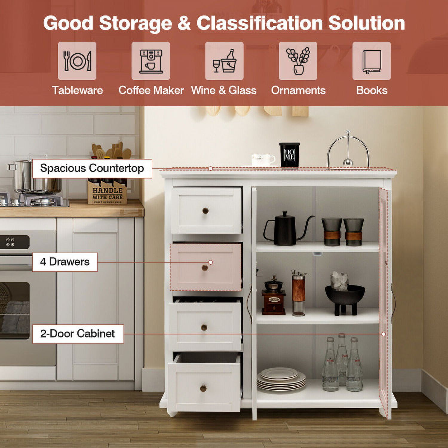 Finihen Kitchen Storage Cabinet, Buffet Sideboard, Buffet Sideboard Table Kitchen Storage Cabinet with Drawers and Doors, for Dining Room, Kitchen, Living Room, White Finihen Kitchen Storage Cabinet, Buffet Sideboard, Buffet Sideboard Table Kitchen Storage Cabinet with Drawers and Doors, for Dining Room, Kitchen, Living Room, White