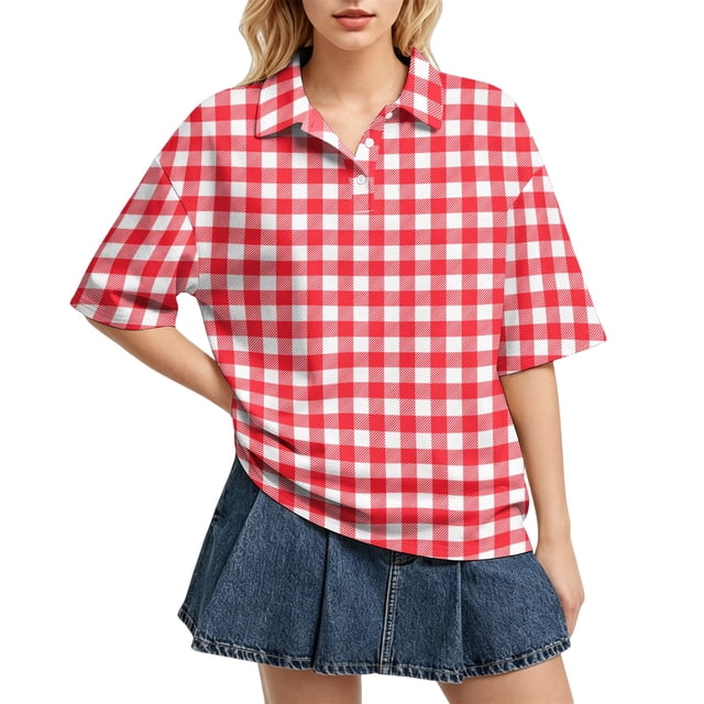 Sewkxo Polo à Manches Courtes pour Femmes, Col Oversize, T-Shirt à Enfiler Y2k, Décontracté, Ample, Mode Urbaine, Chandail de Rugby, Rouge G